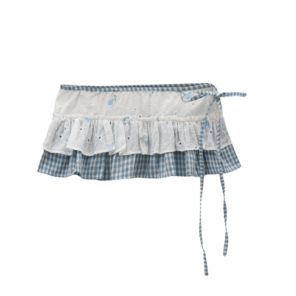 Blue Plaid Embroidered Lace Wrap Skirt oliviroa オリヴィオラ