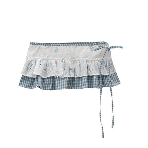 Blue Plaid Embroidered Lace Wrap Skirt oliviroa オリヴィオラ