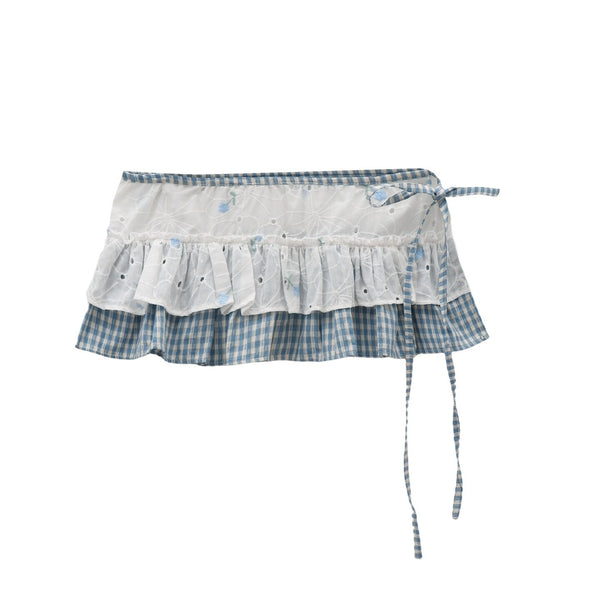 Blue Plaid Embroidered Lace Wrap Skirt oliviroa オリヴィオラ
