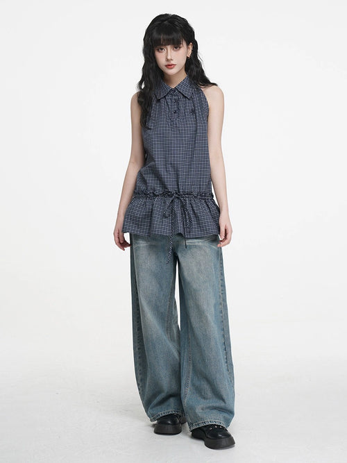 Blue Plaid Sleeveless Shirt oliviroa オリヴィオラ
