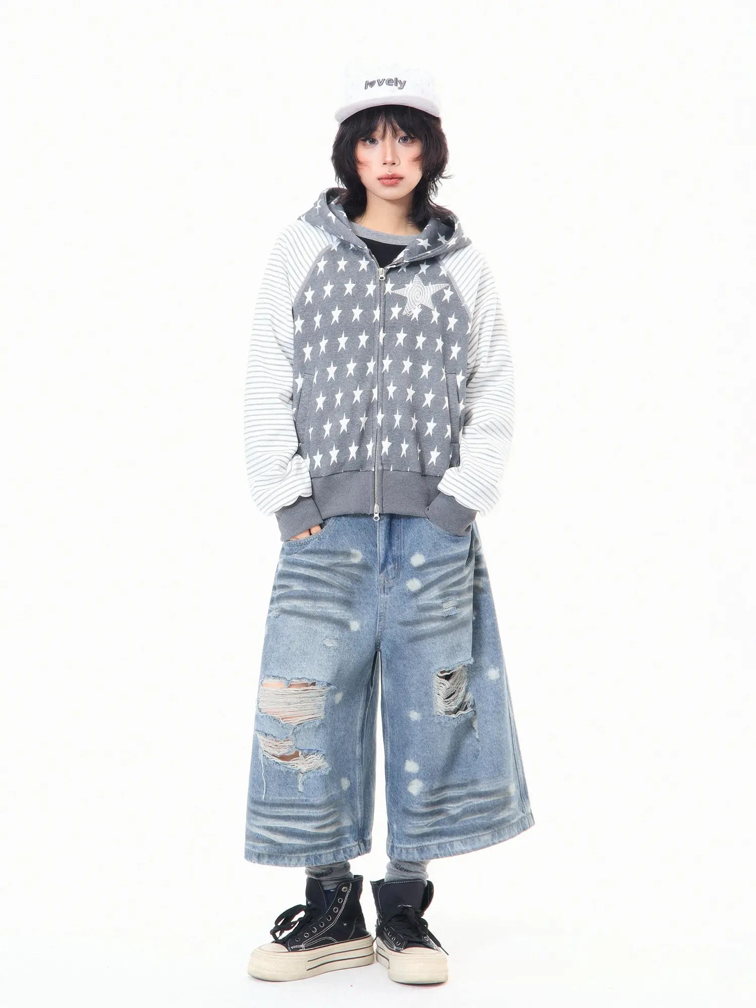 Star Embroidered Stripe Cropped Hoodie OL2384