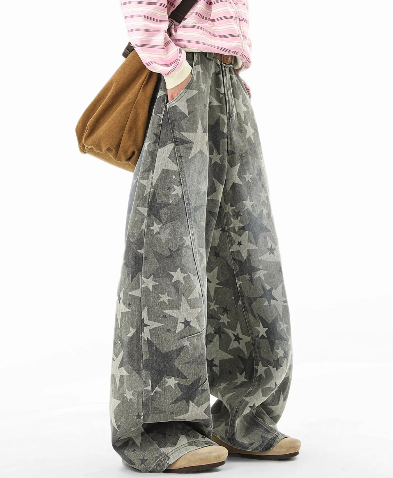 Retro Star Print Wide Cargo Denim Pants OL2320