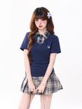 Fake Two Piece Plaid Polo Layered Short Sleeve Top oliviroa オリヴィオラ