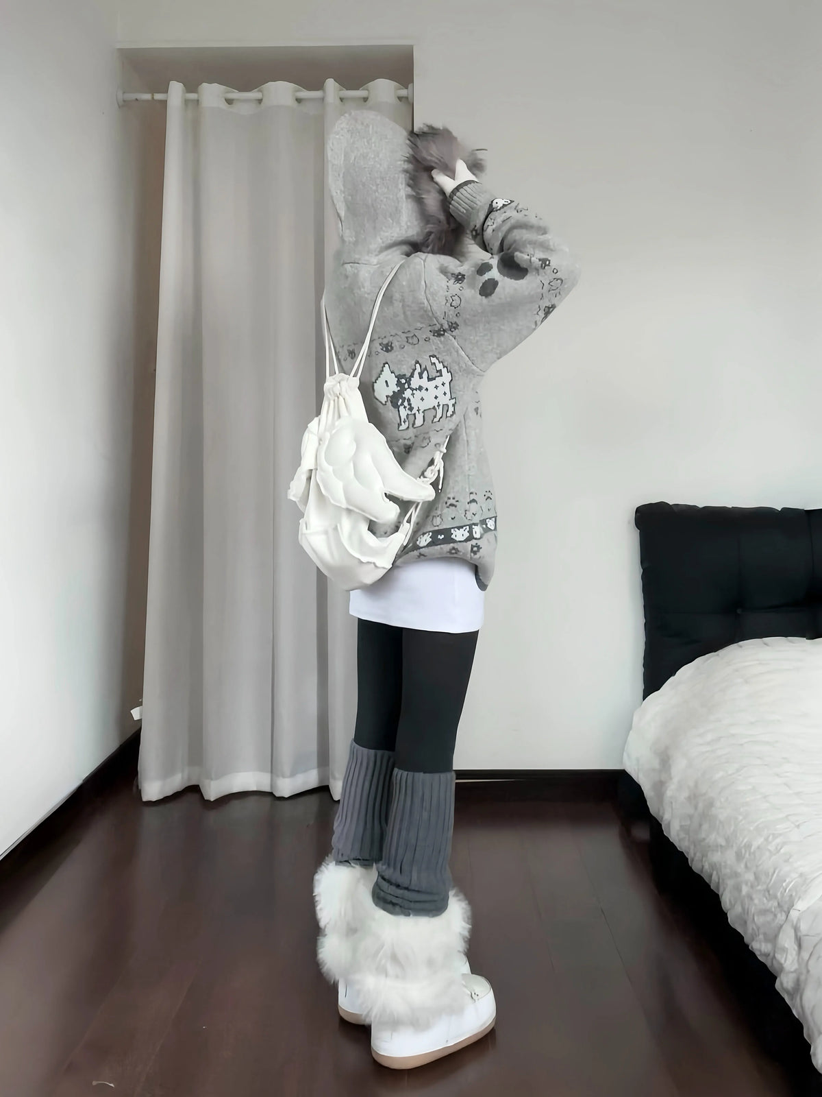 Puppy Fur Trim Hooded Knit Cardigan OL2446