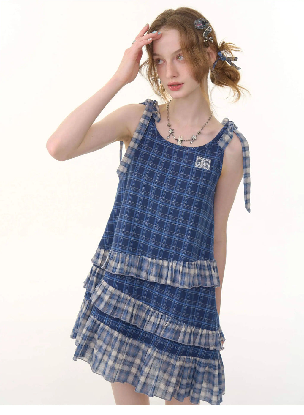 Asymmetrical Hem Blue Plaid Cami Dress oliviroa オリヴィオラ