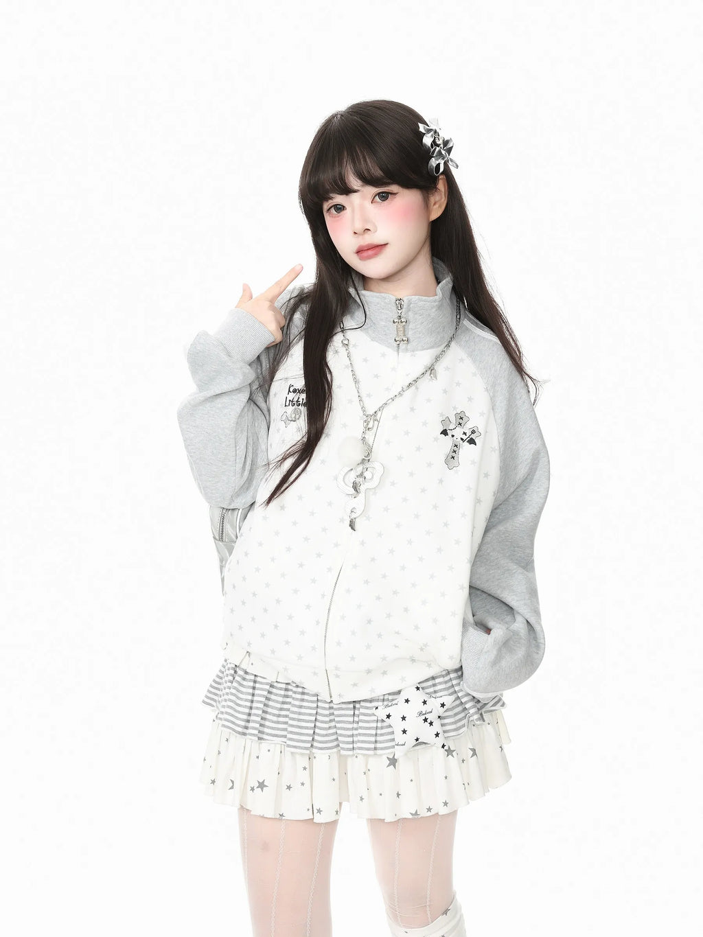 Star Embroidered Stripe Zip Up Sweatshirt oliviroa オリヴィオラ
