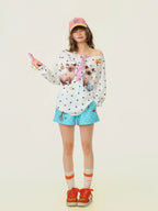 Cat Star Print Off Shoulder Long Sleeve Top OL2345