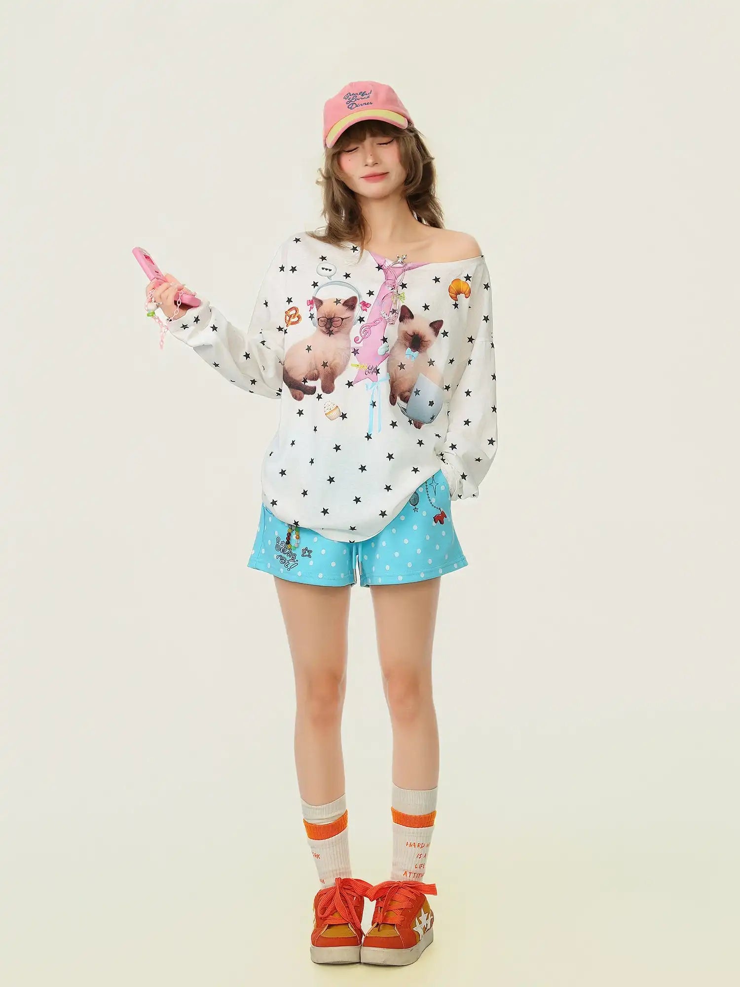 Cat Star Print Off Shoulder Long Sleeve Top OL2345