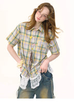 Plaid Lace Patchwork Short Sleeve Shirt oliviroa オリヴィオラ