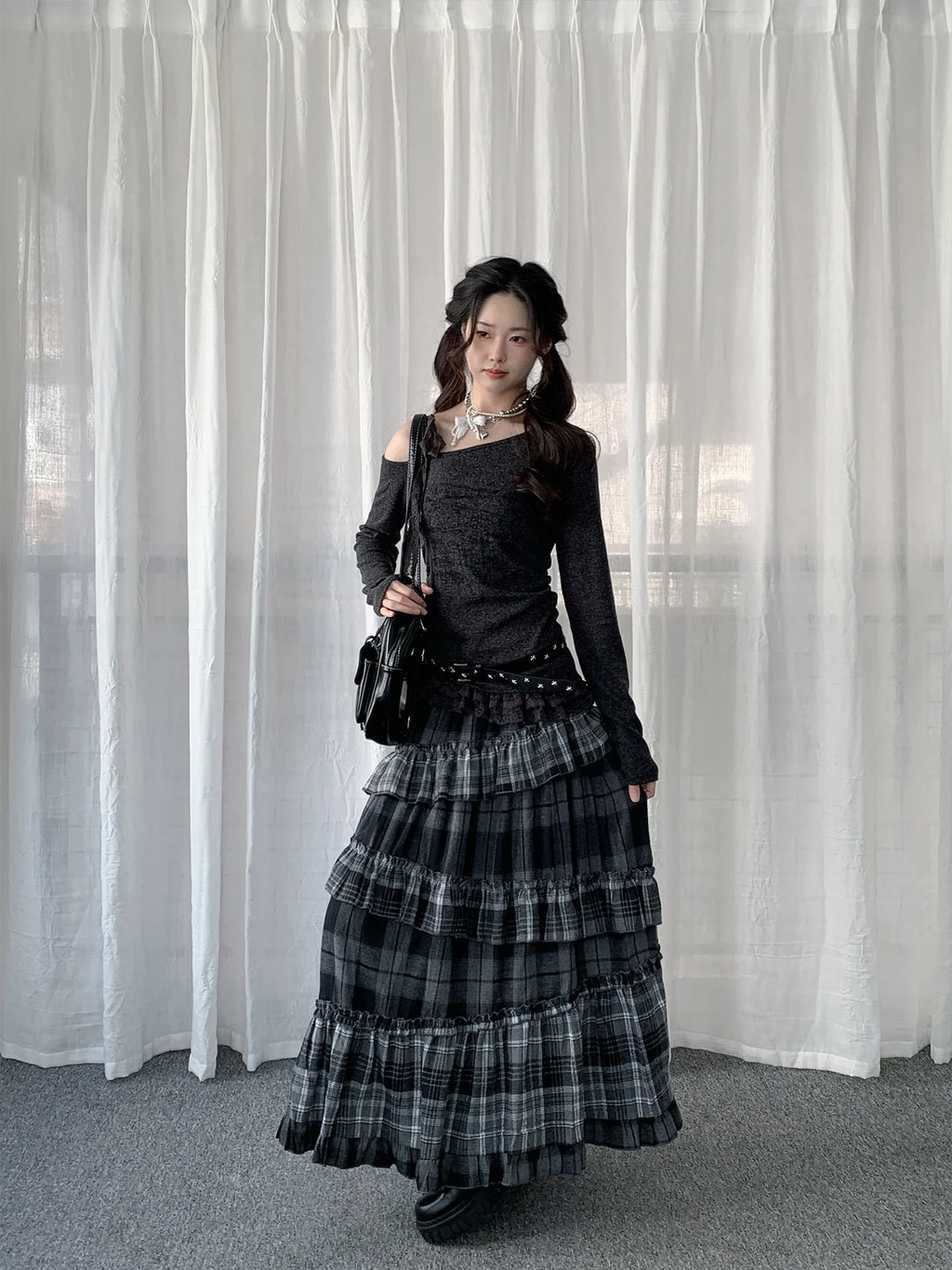 Asymmetrical Plaid Ruffle Skirt OL2437