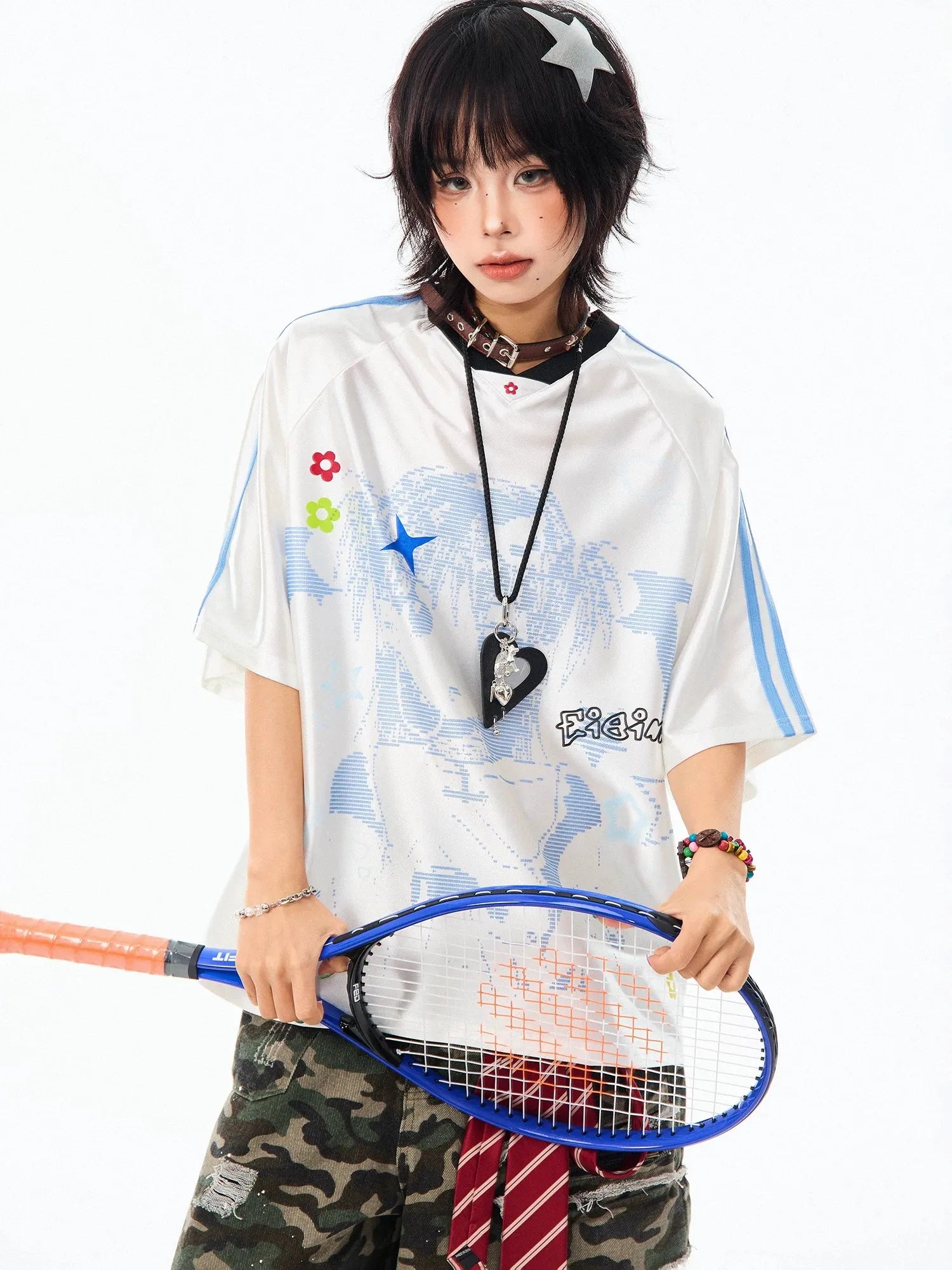 Vintage Cartoon Jersey V-Neck Oversized Short Sleeve Tee OL2273