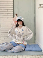 귀여운 만화 레이스 브이넥 긴팔 티 OL2279