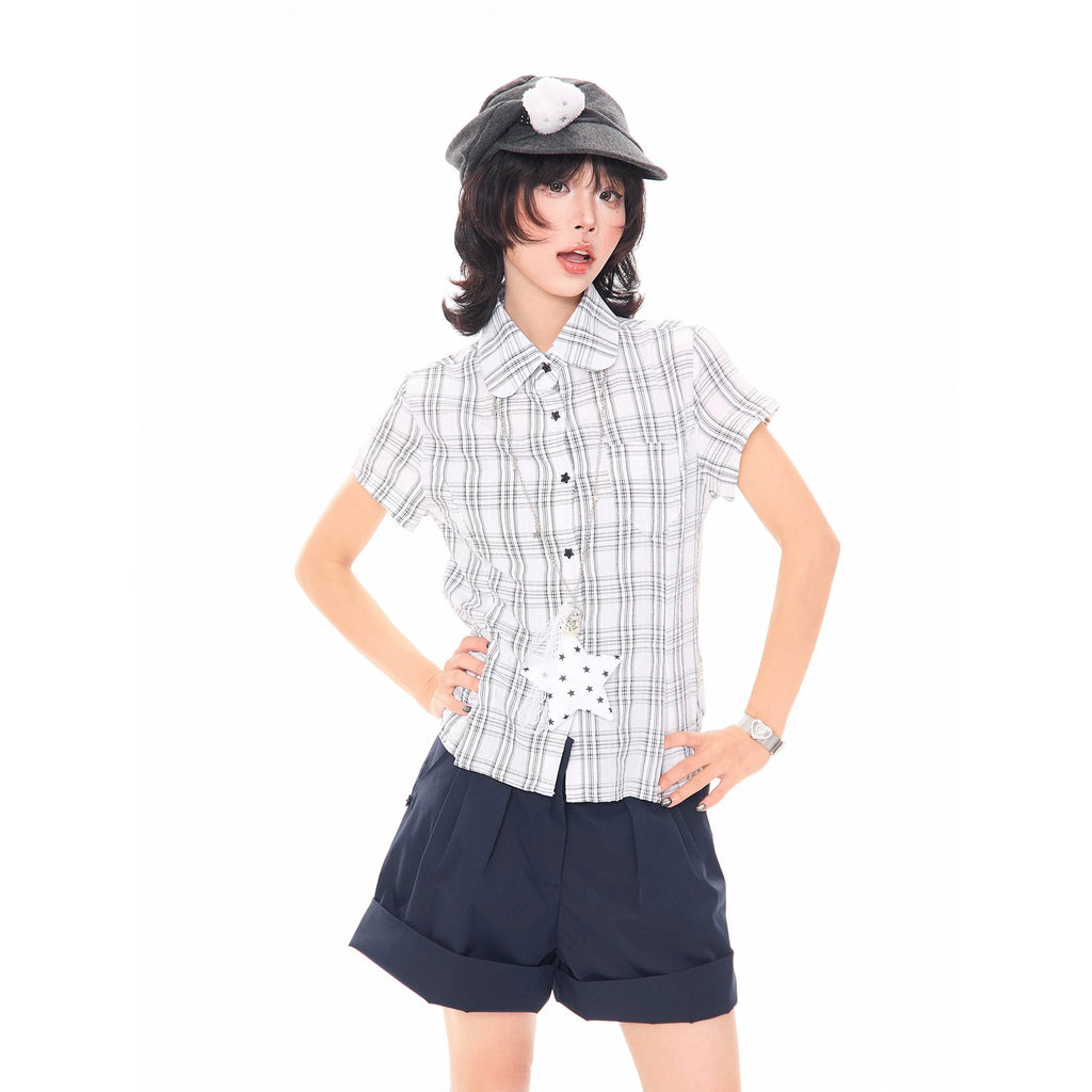 Star Charm Plaid Cropped Slim Fit Shirt oliviroa オリヴィオラ