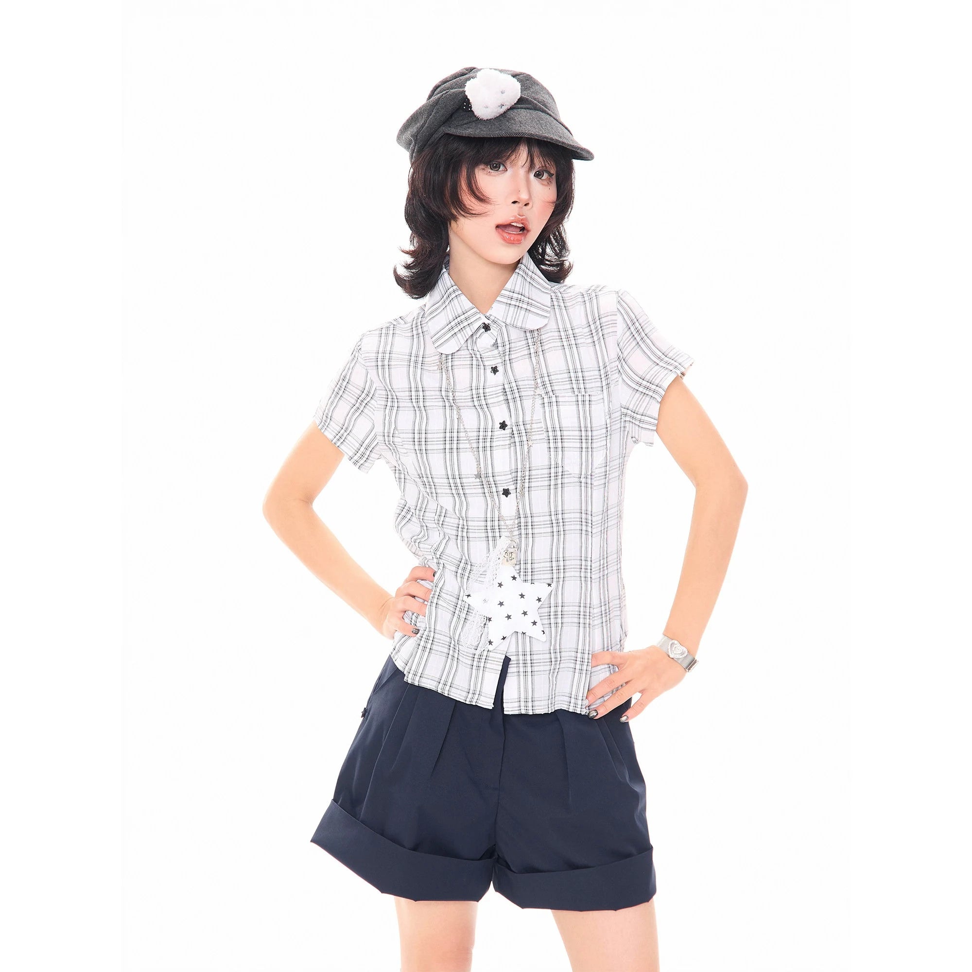 Star Charm Plaid Cropped Slim Fit Shirt oliviroa オリヴィオラ