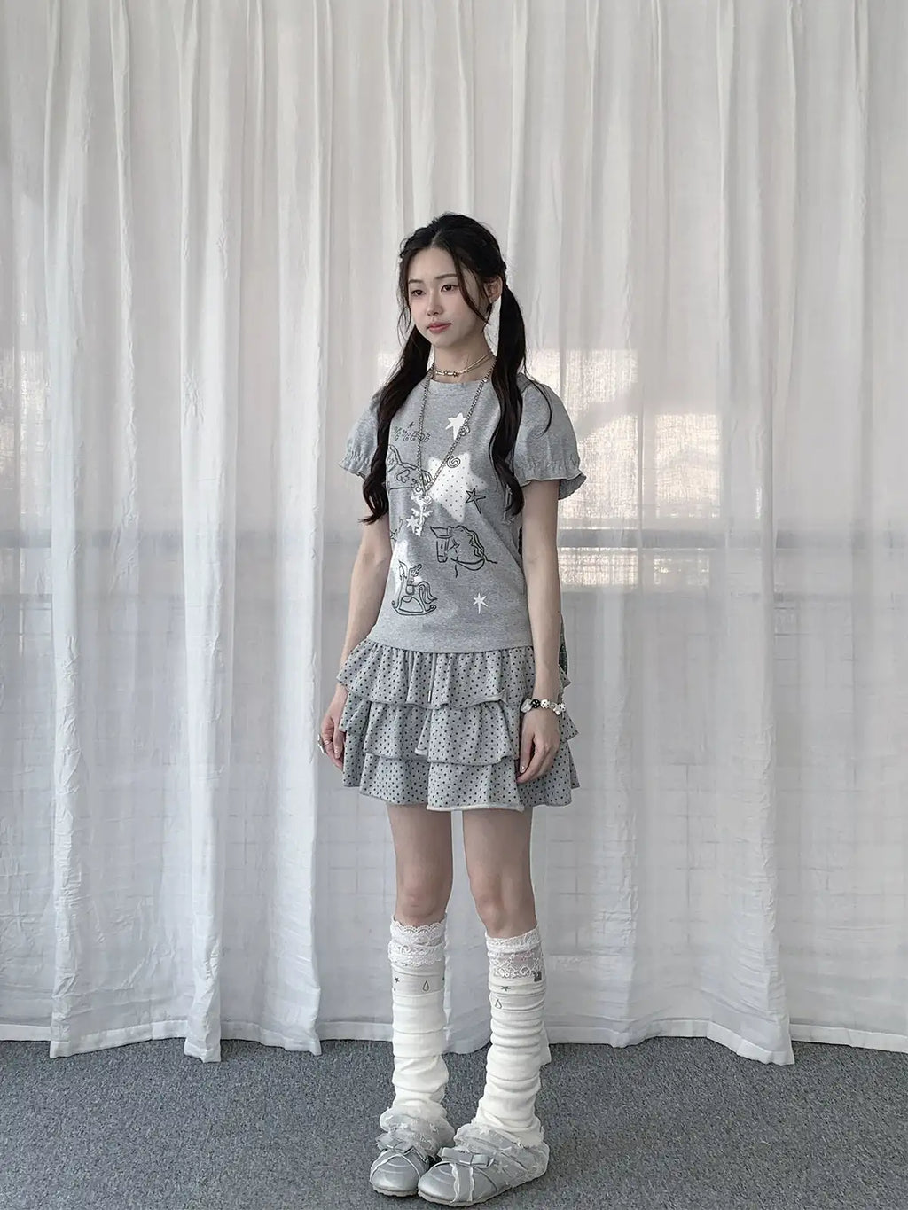 Horse Print Puff Sleeve Slim Fit Tee Y2K OL2328