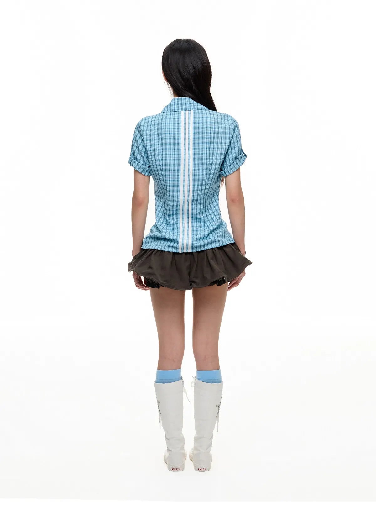 Blue Contrast Plaid Short Sleeve Shirt OL2264