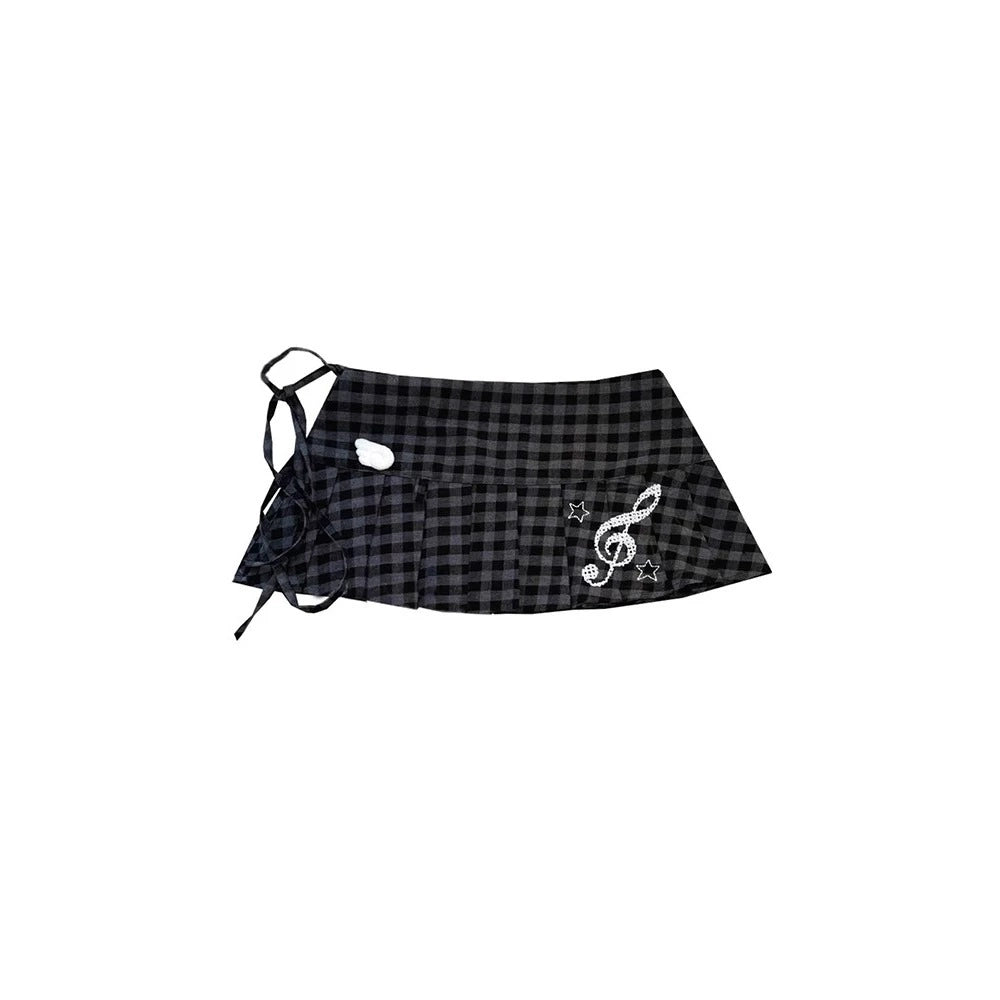 Music Note Plaid Pleated Wrap Skirt OLA035