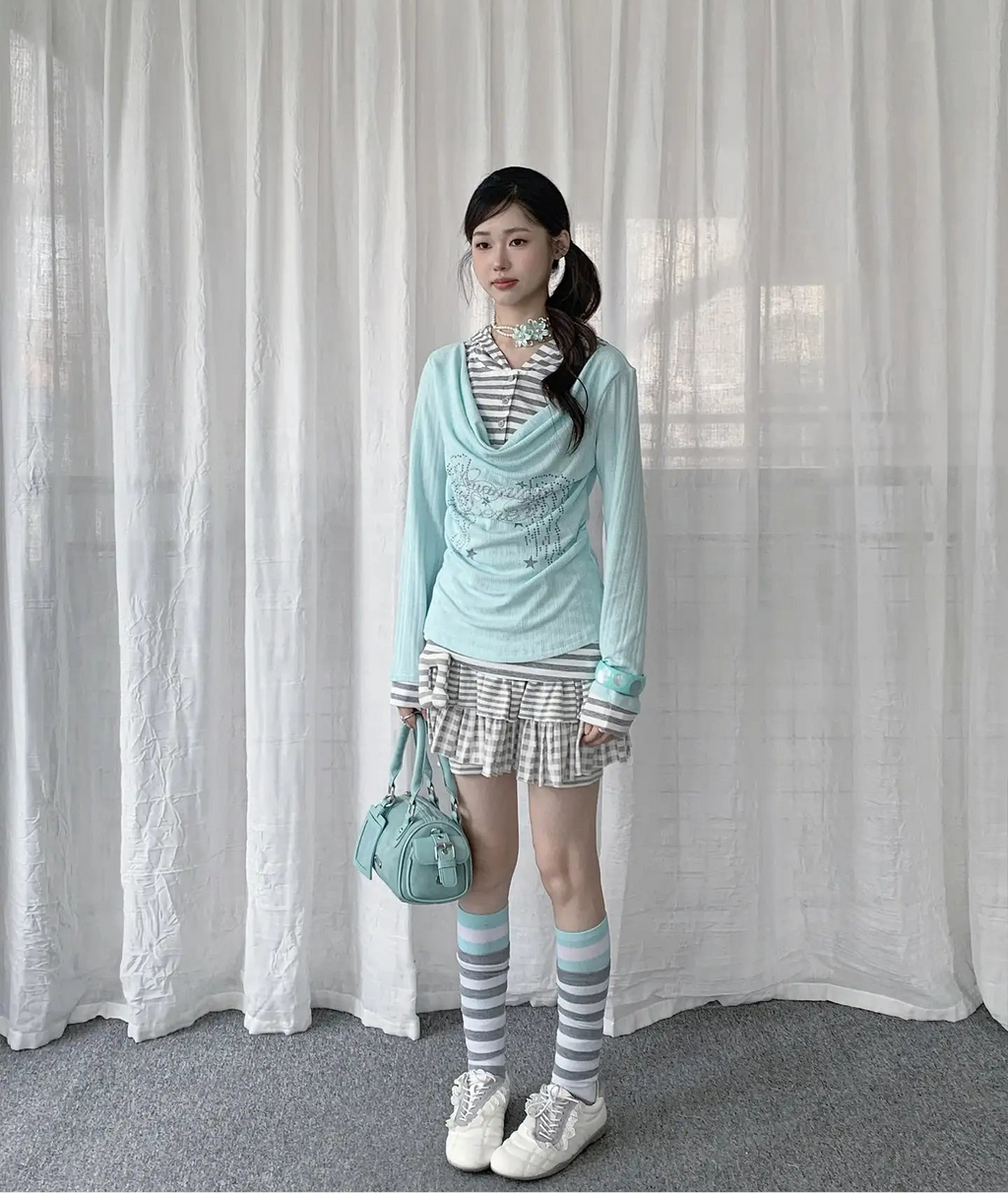 Layered Stripe Cowl Neck Long Sleeve Tee OL2385