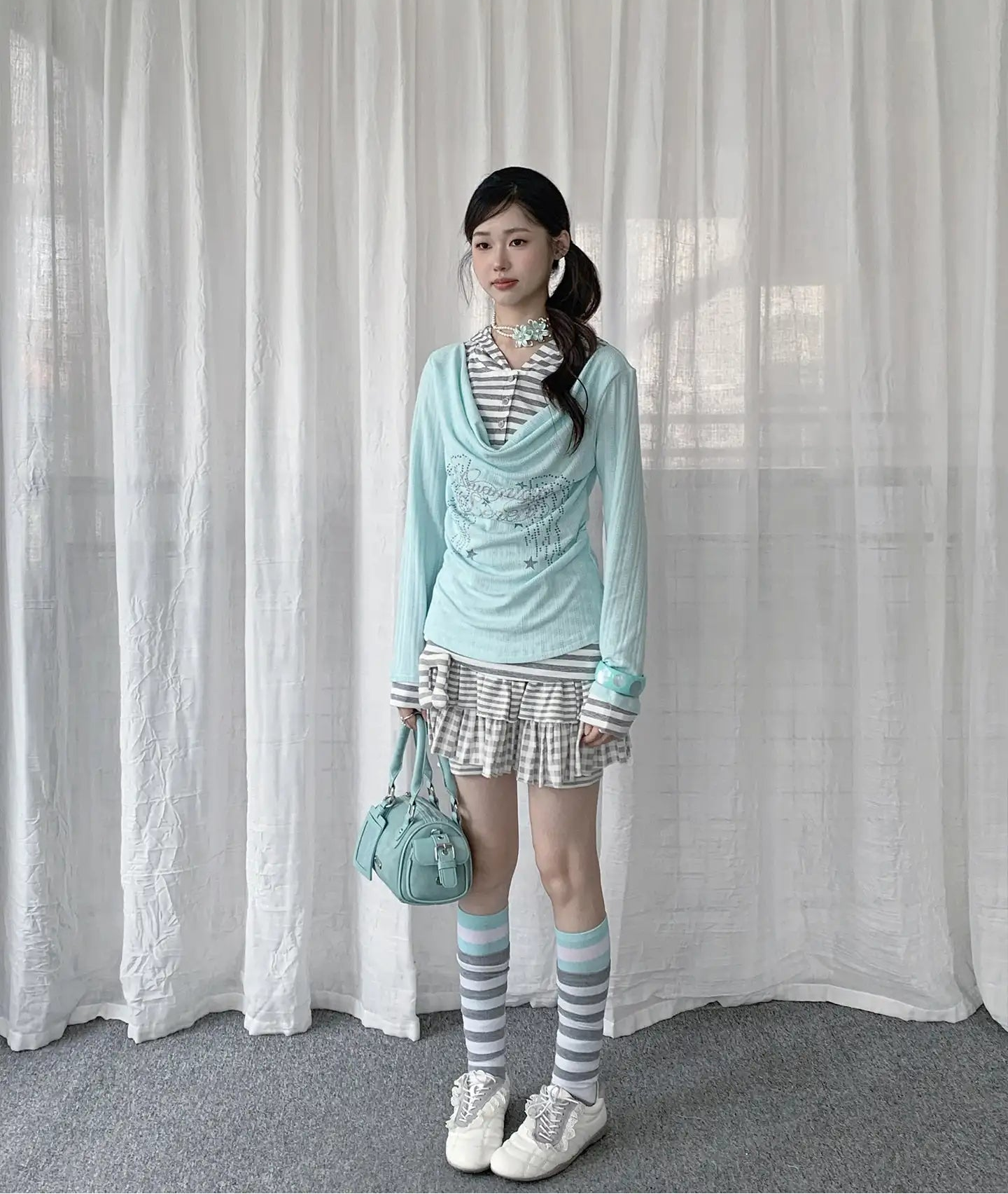 Layered Stripe Cowl Neck Long Sleeve Tee OL2385