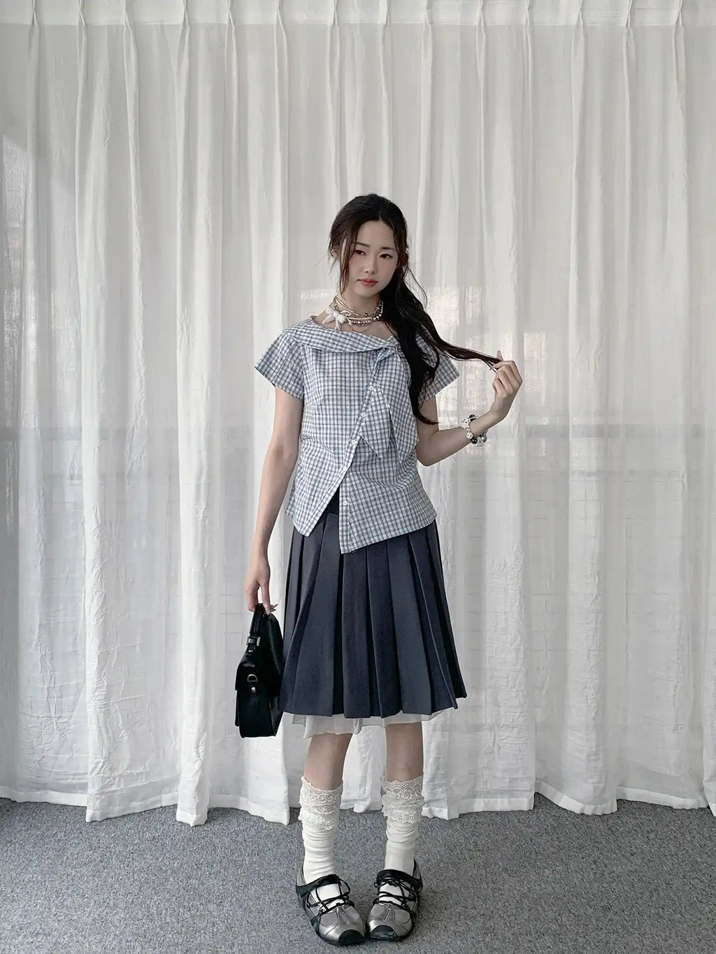 Irregular Collar Check Short Sleeve Blouse OL2290