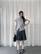 Irregular Collar Check Short Sleeve Blouse OL2290