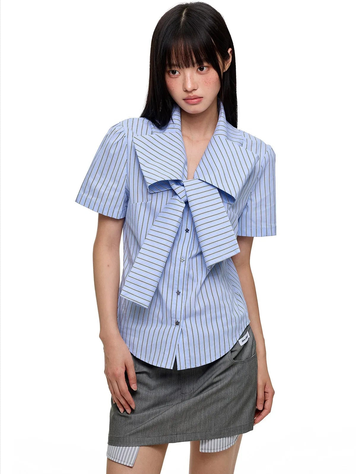 Ribbon Detail Rhinestone Stripe Fitted Shirt OL2267