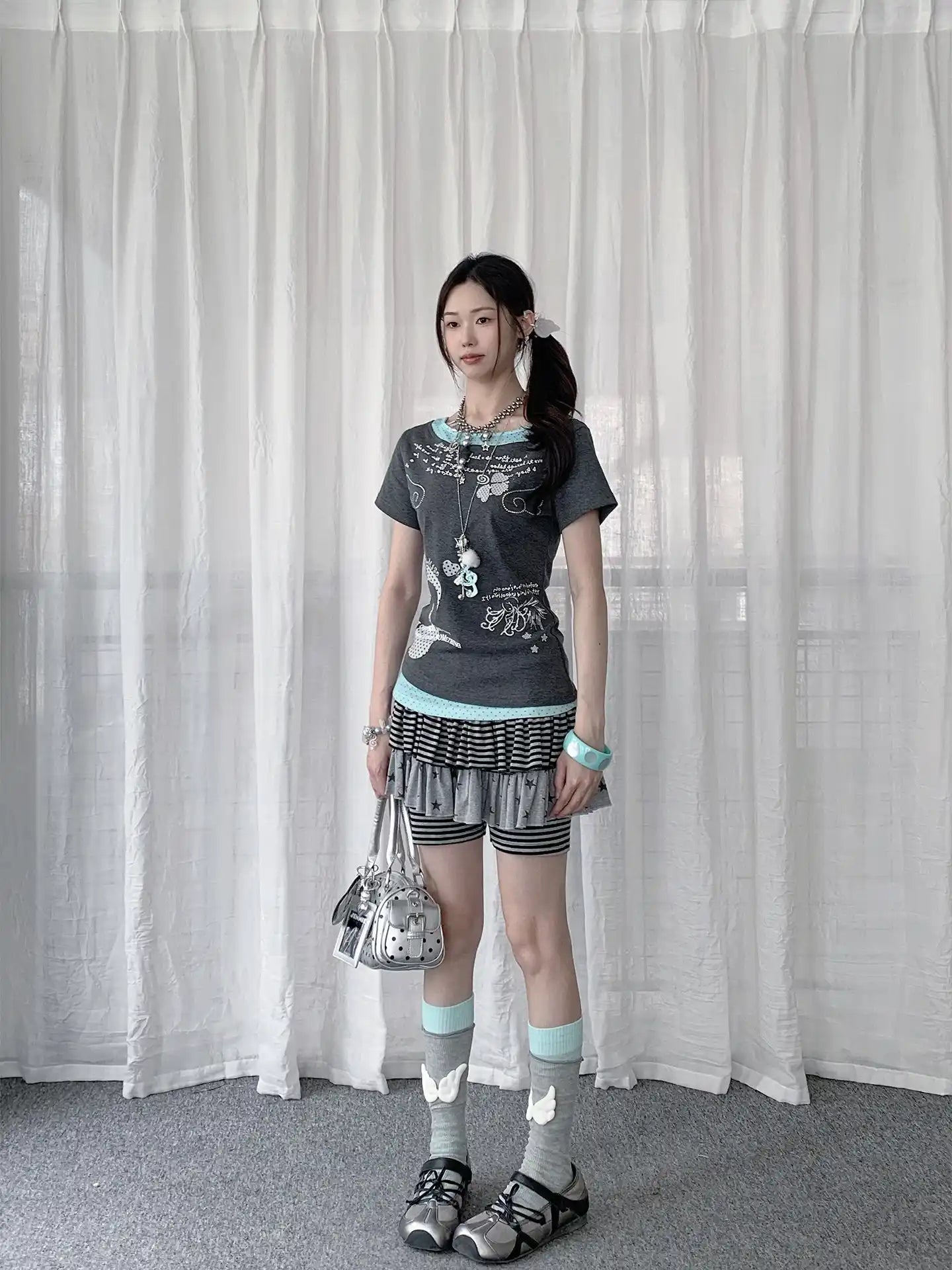 Y2K Polka Dot Rhinestone Layered T-Shirt OL2285