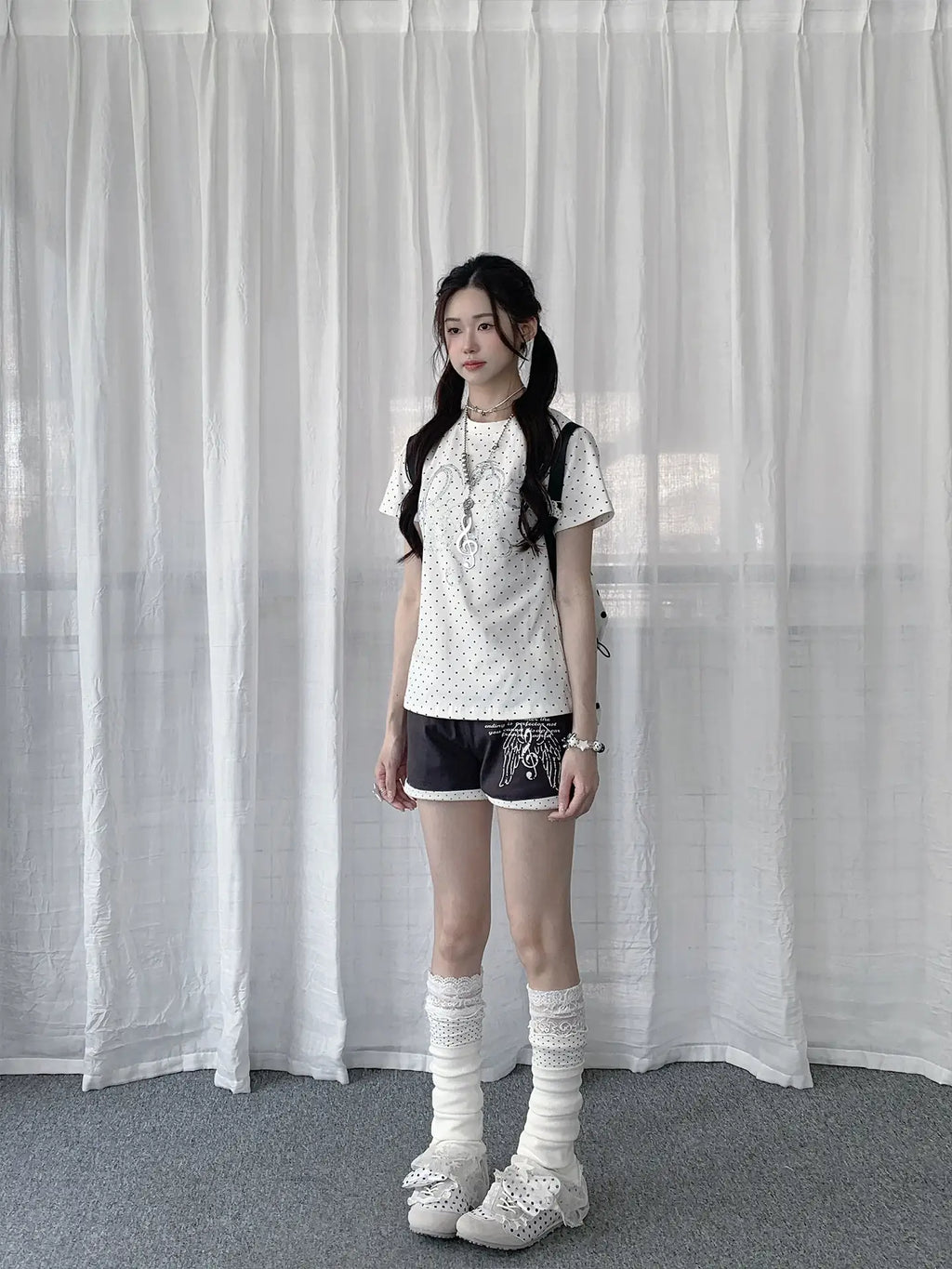 White Polka Dot Heart Note Slim Fit Tee OL2332