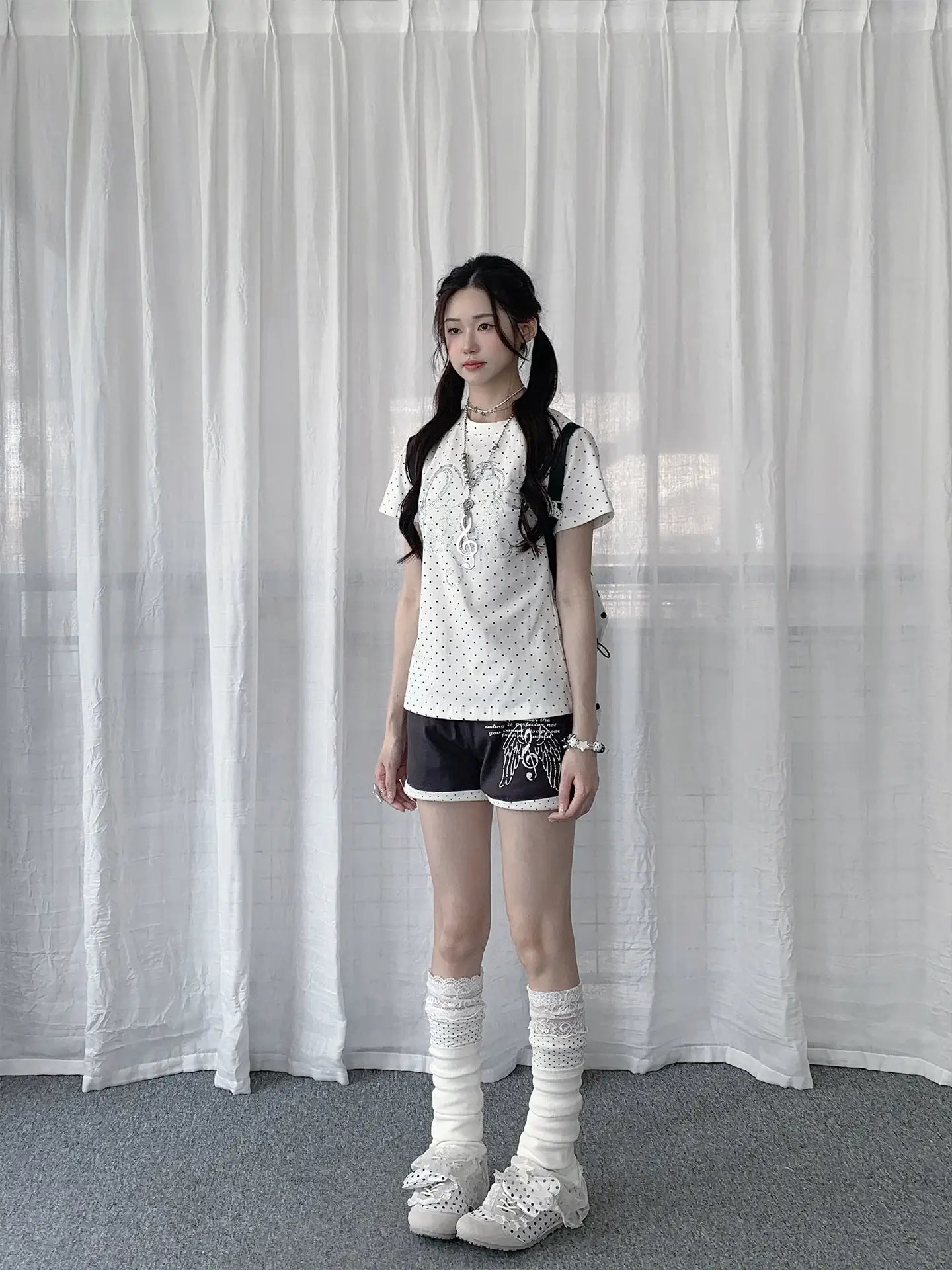 White Polka Dot Heart Note Slim Fit Tee OL2332