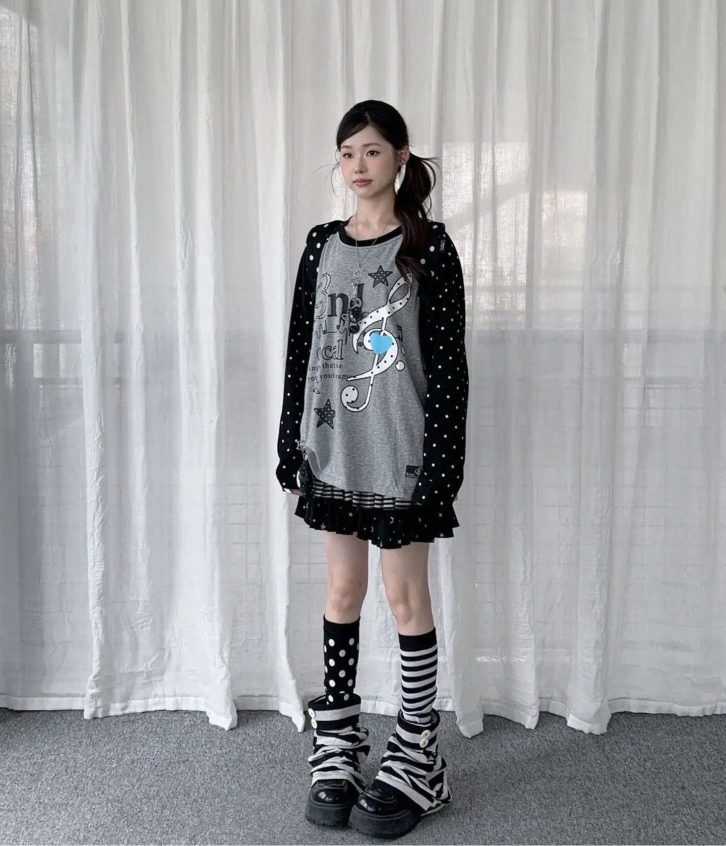 Polka Dot Music Note Layered Long Sleeve Tee OL2387