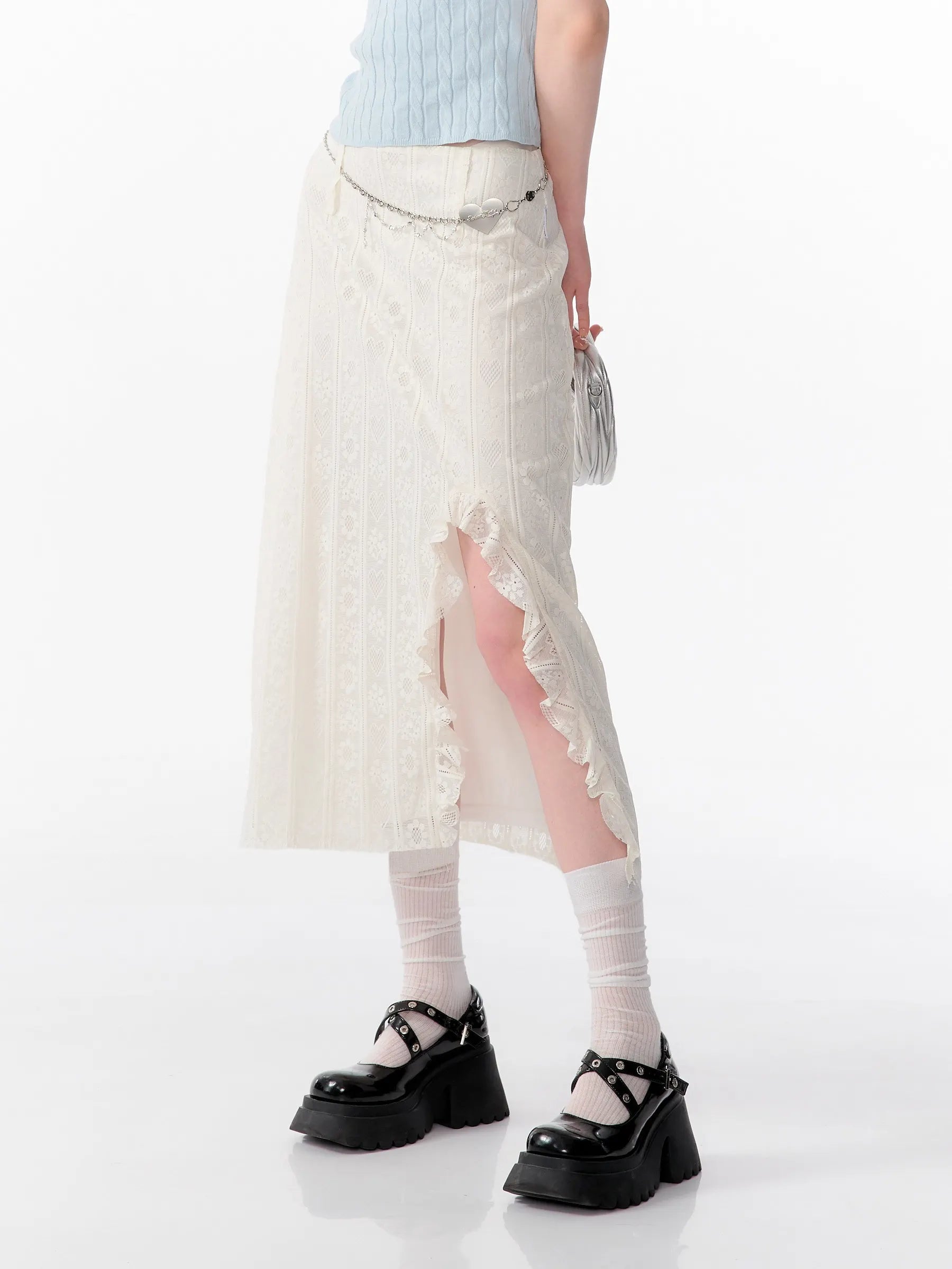High Waist Lace Ruffle Slit Midi Skirt oliviroa オリヴィオラ