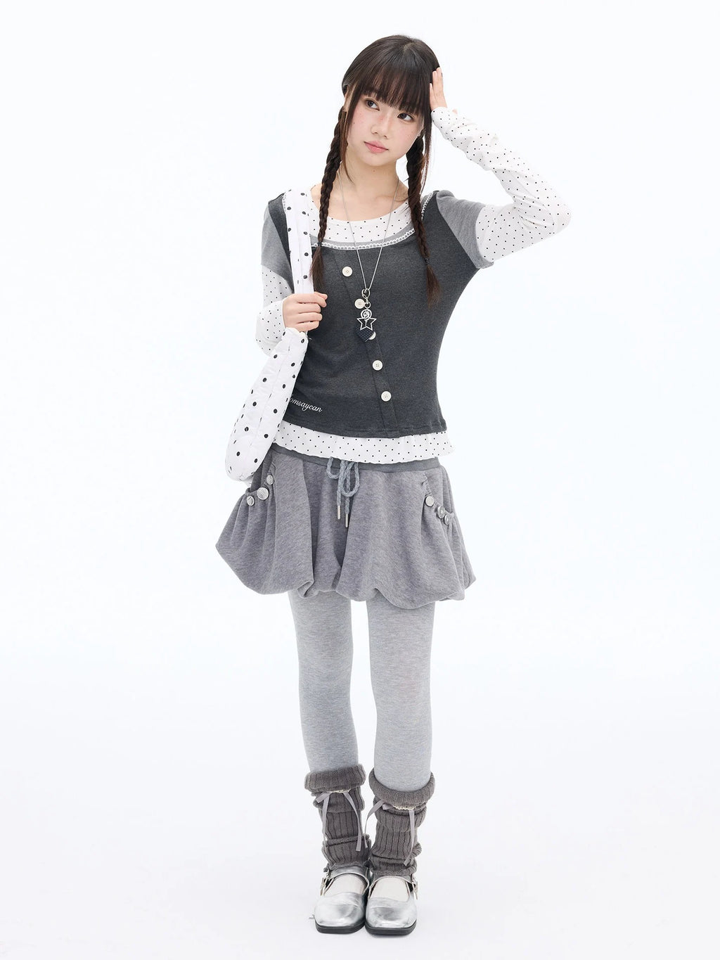 Polka Dot Lace Layered Fitted Long Sleeve Tee OL2397