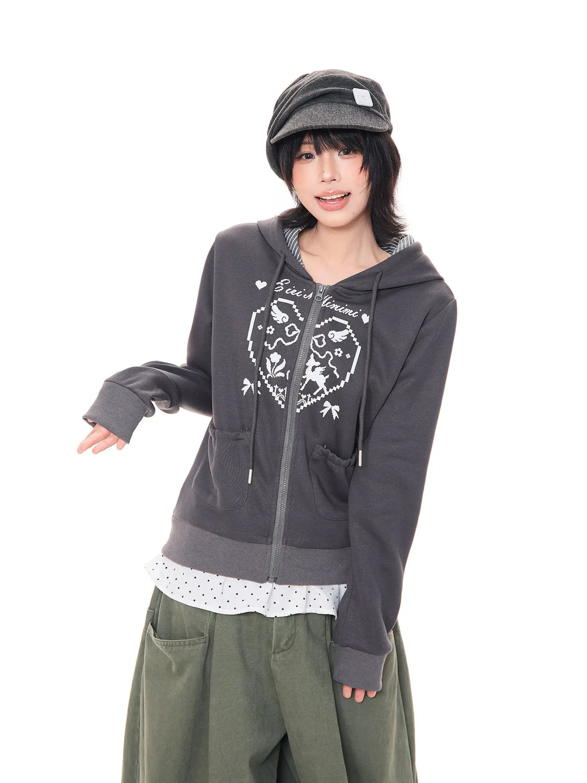 Heart Print Bunny Ear Zip Hoodie oliviroa オリヴィオラ