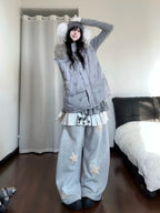 Star Print Convertible Fur Collar Puffer Jacket OL2447