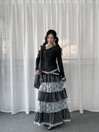 Plaid Lace Tiered Midi Skirt  OL2436