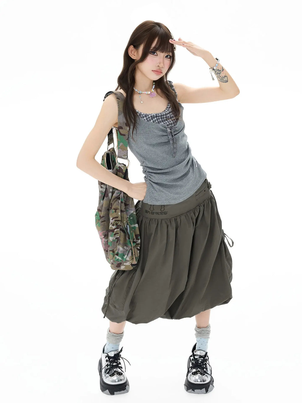 Studded Rhinestone Tie Bubble Skirt OL2410