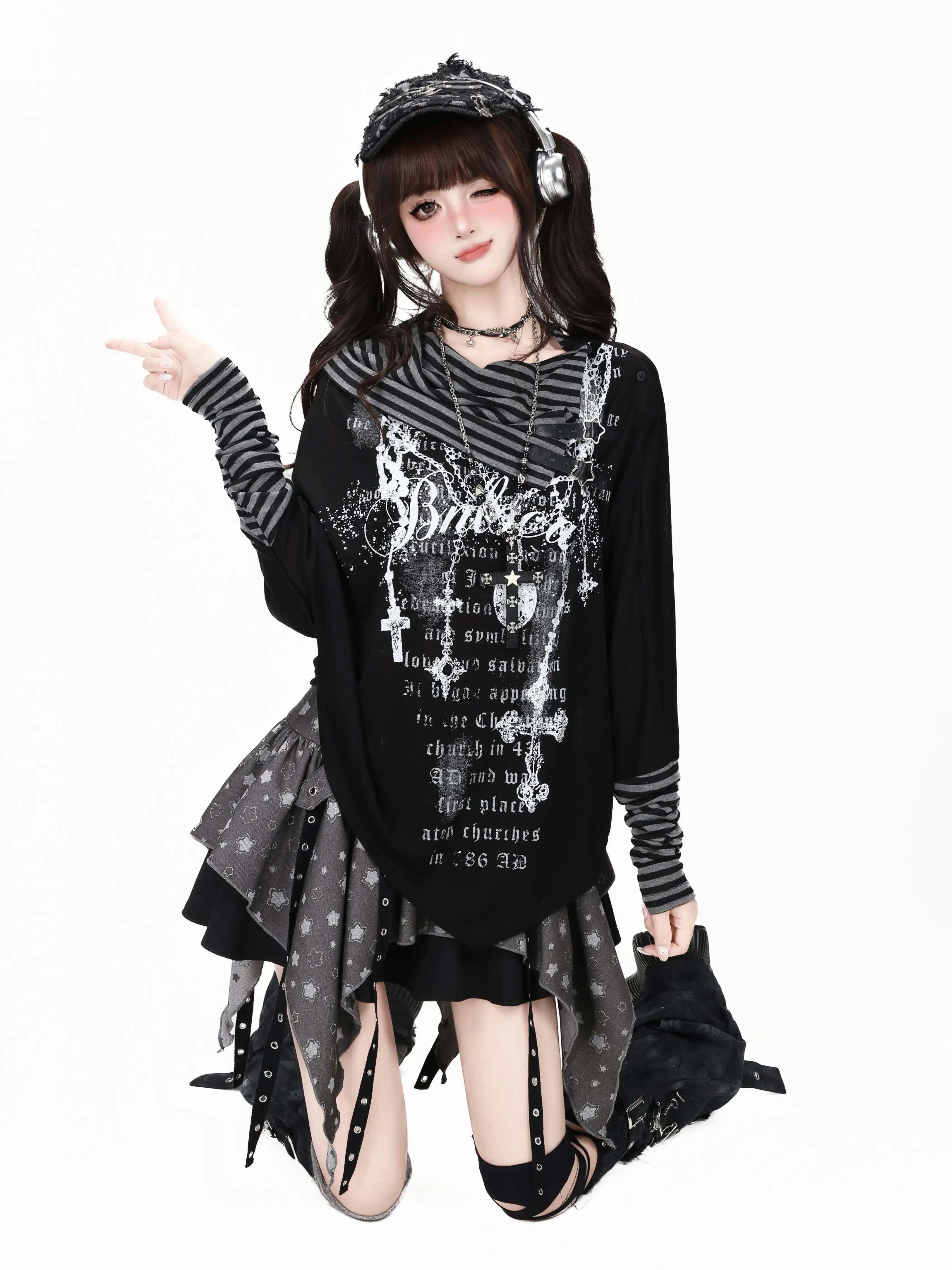 Gothic Stripe Layered Long Sleeve T Shirt OL2376