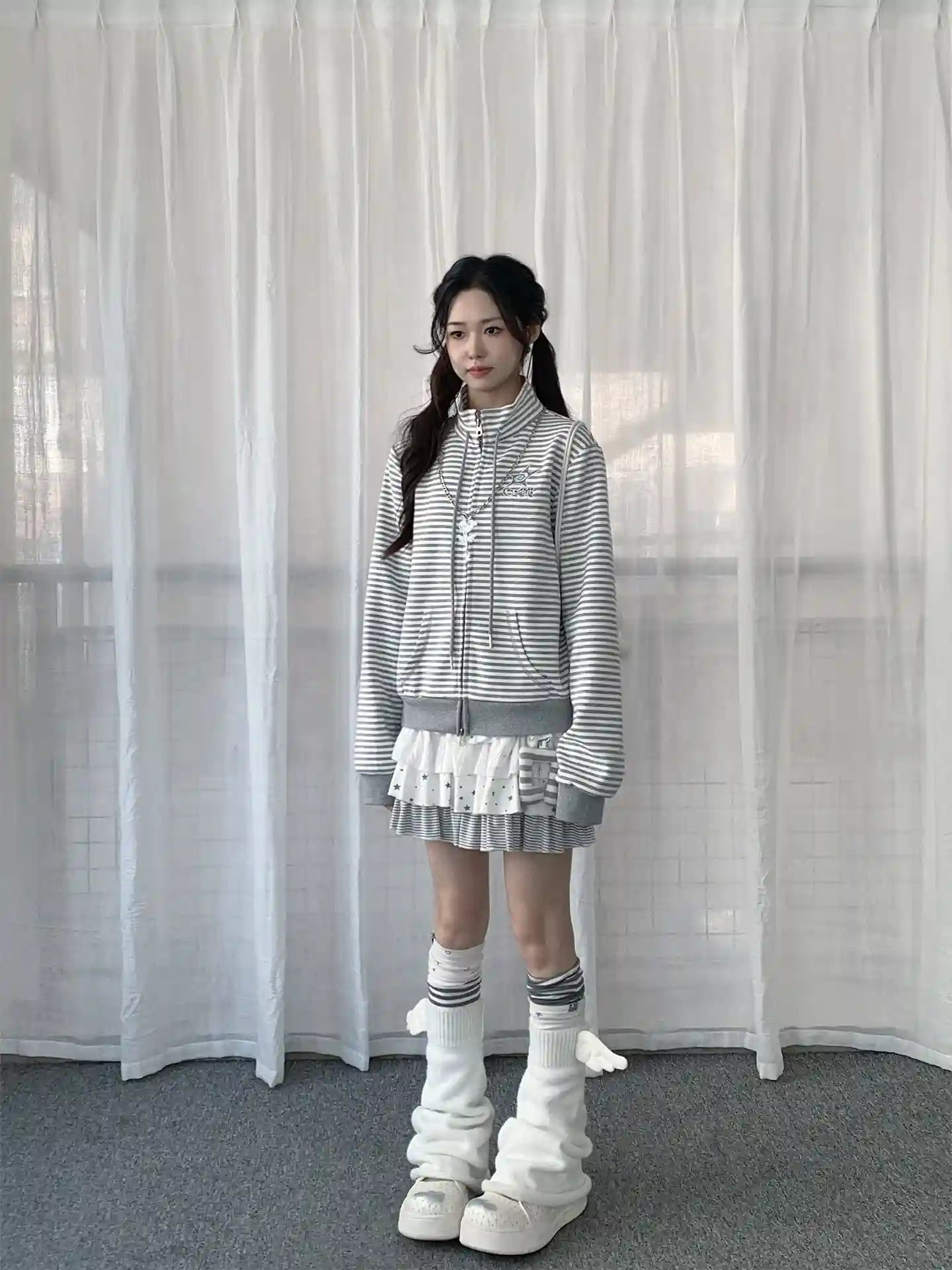 Y2K Striped Double Zip Stand Collar Hoodie   OL2237