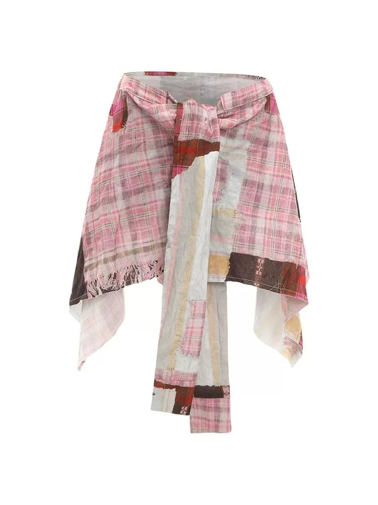 Pink Plaid Asymmetric Wrap Skirt OLA042