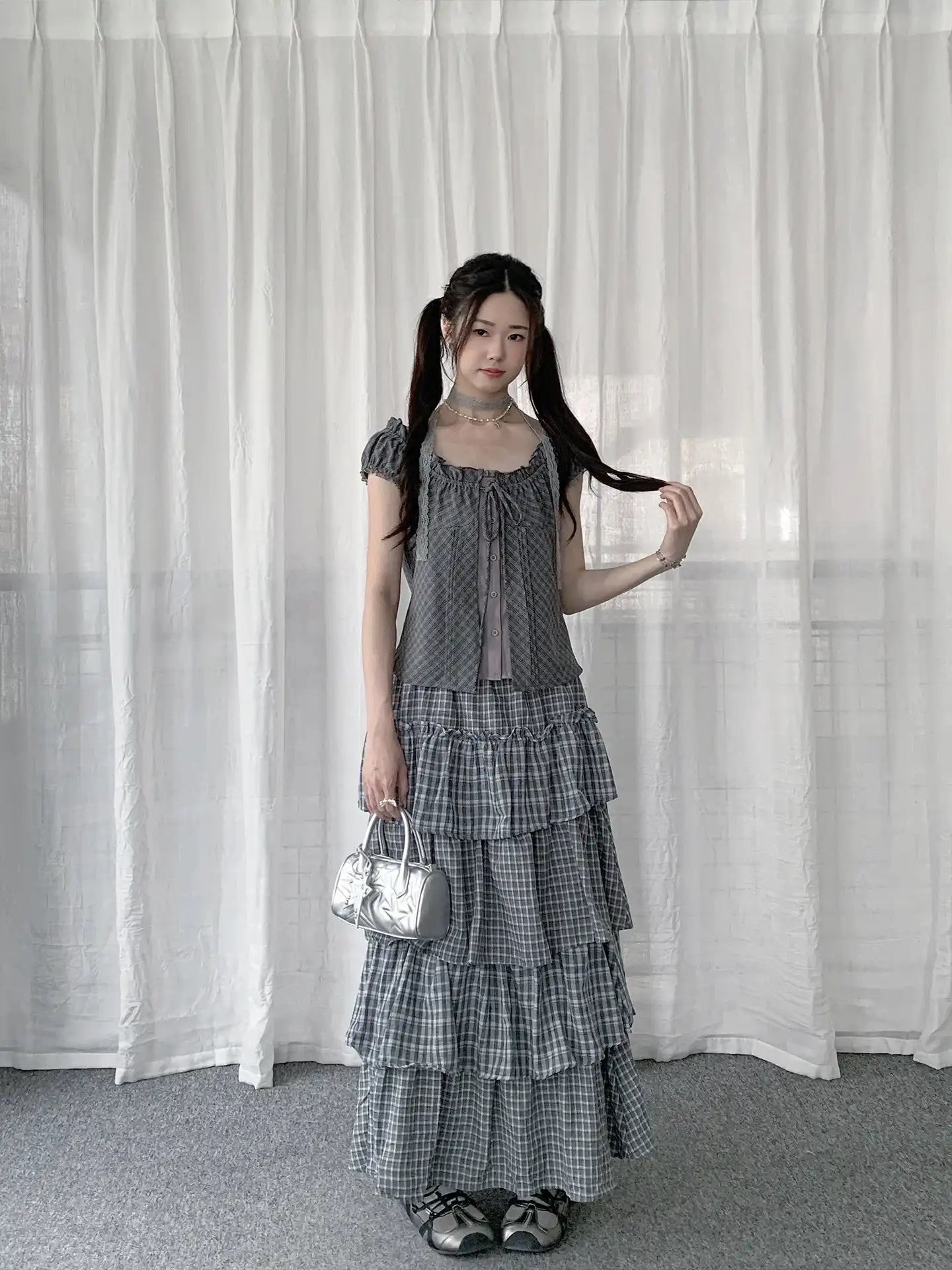 Plaid Lace Layered T-Shirt OL2278