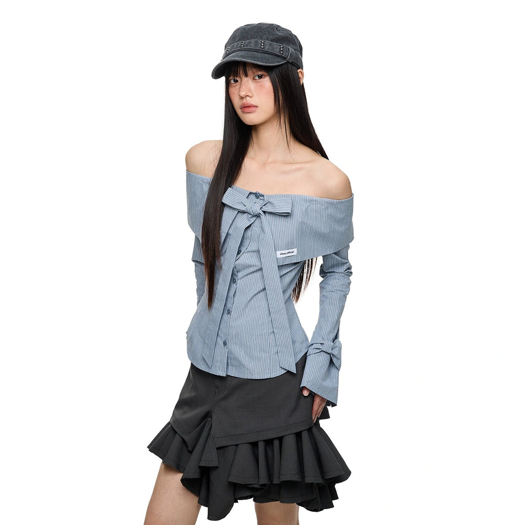 Off Shoulder Bow Tie Waist Fitted Shirt oliviroa オリヴィオラ