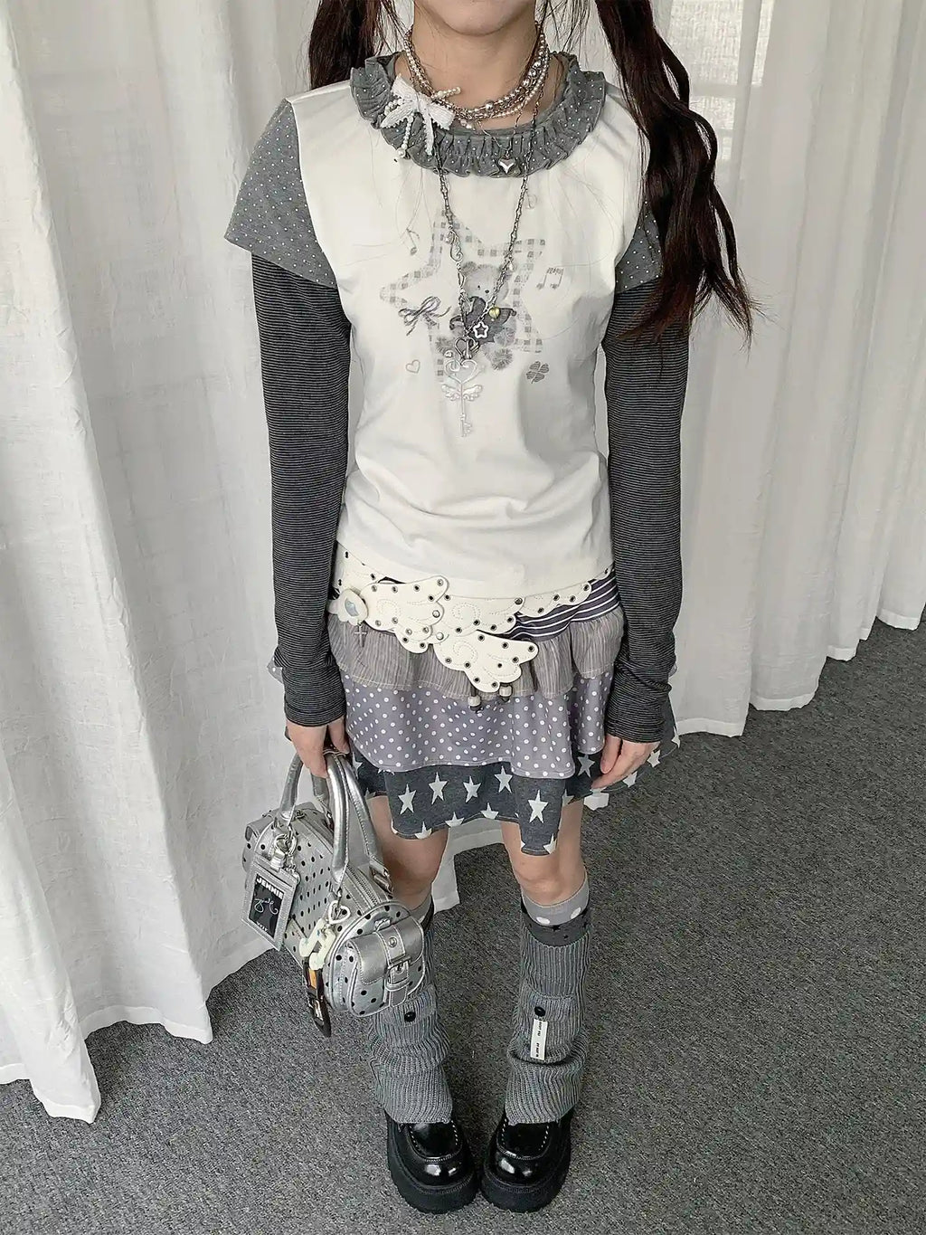 Y2K Star Polka Dot Layered Skirt   OL2245