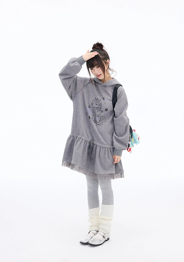 Pony Graphic Long Hooded Sweatshirt Dress OL2398