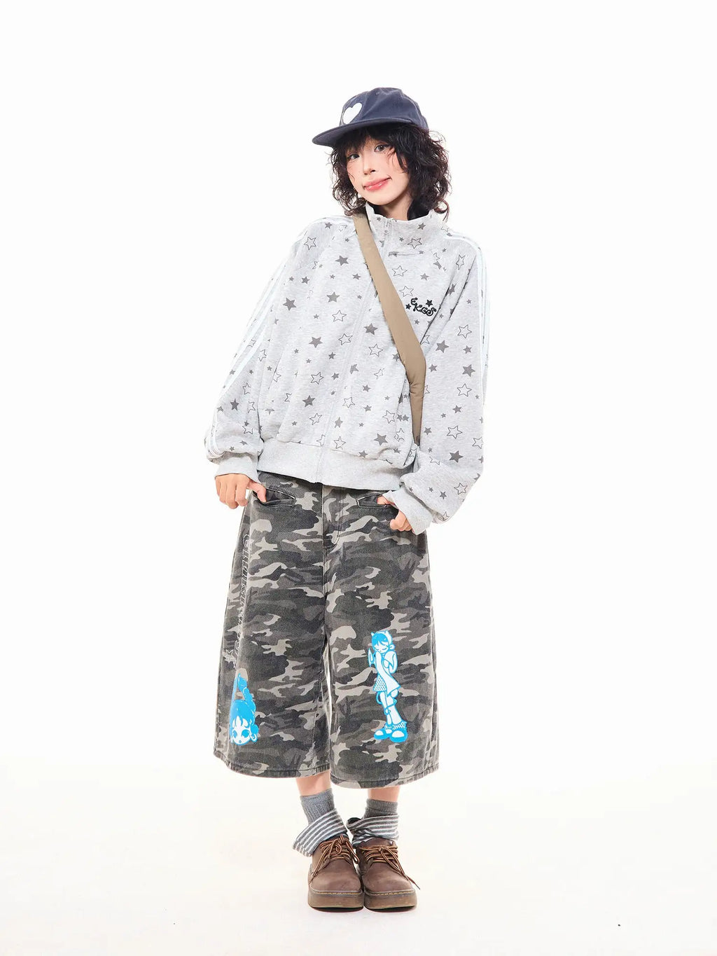 Star Print Oversized Stand Collar Zip Hoodie Cardigan OL2323