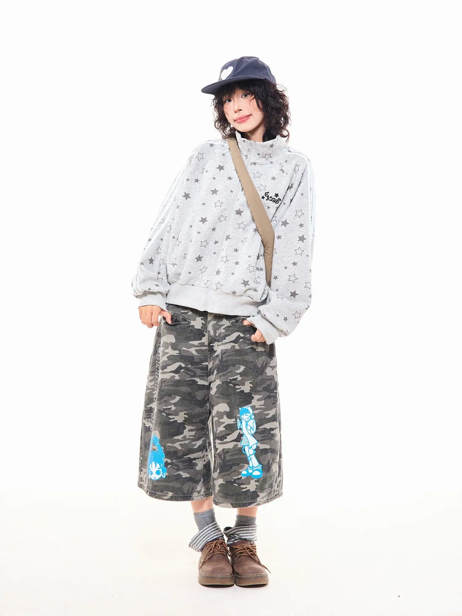 Star Print Oversized Stand Collar Zip Hoodie Cardigan OL2323