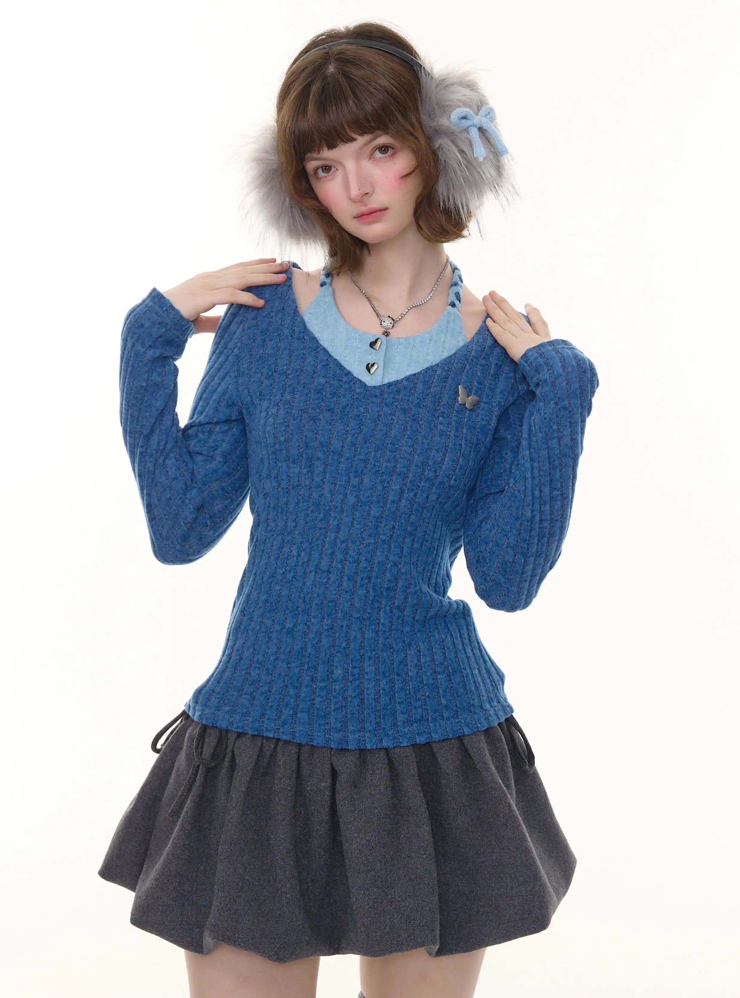 Halter Neck Slim Fit Long Sleeve Top oliviroa オリヴィオラ