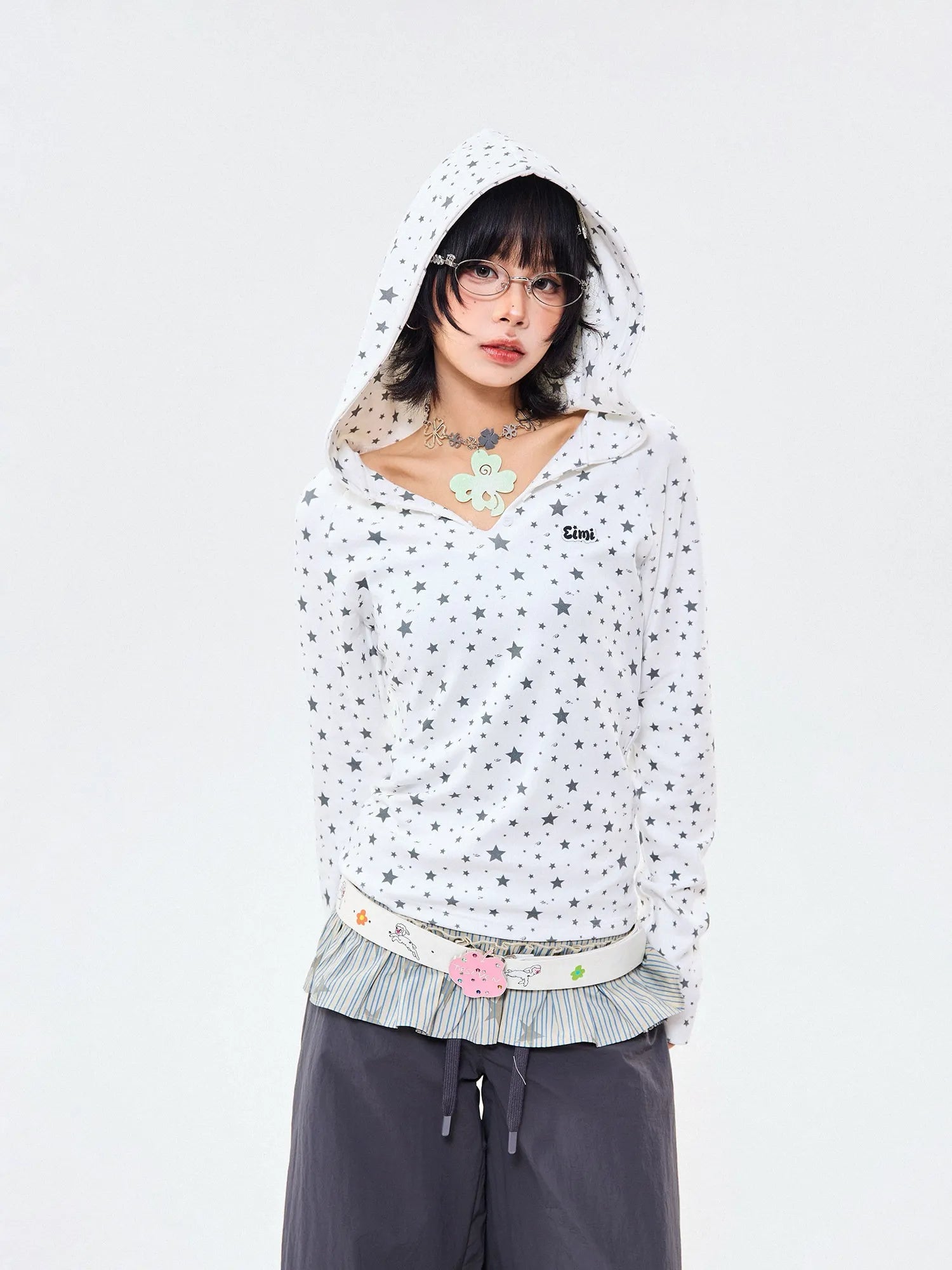 Star Wing Print Hooded Long Sleeve Fitted Top OL2272