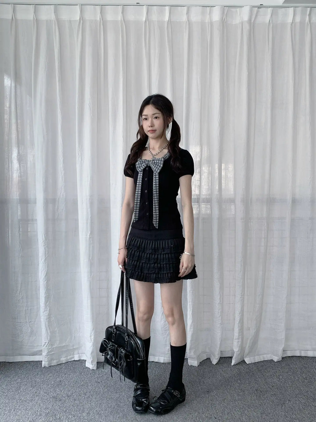 Plaid Bow Puff Sleeve Tee Y2K OL2329