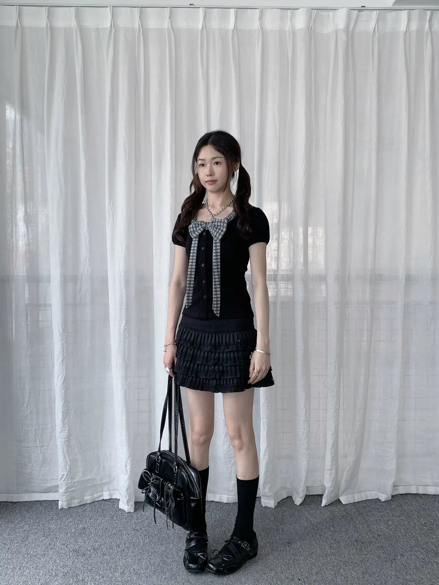 Plaid Bow Puff Sleeve Tee Y2K OL2329