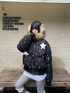 Star Embossed Detachable Fur Collar Puffer OL2445